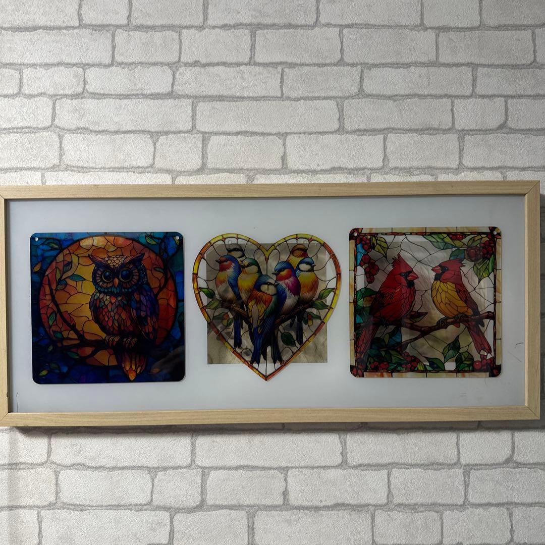 ステンドグラス風アート フクロウと鳥　電飾LED インテリア　ア-ト 額縁
