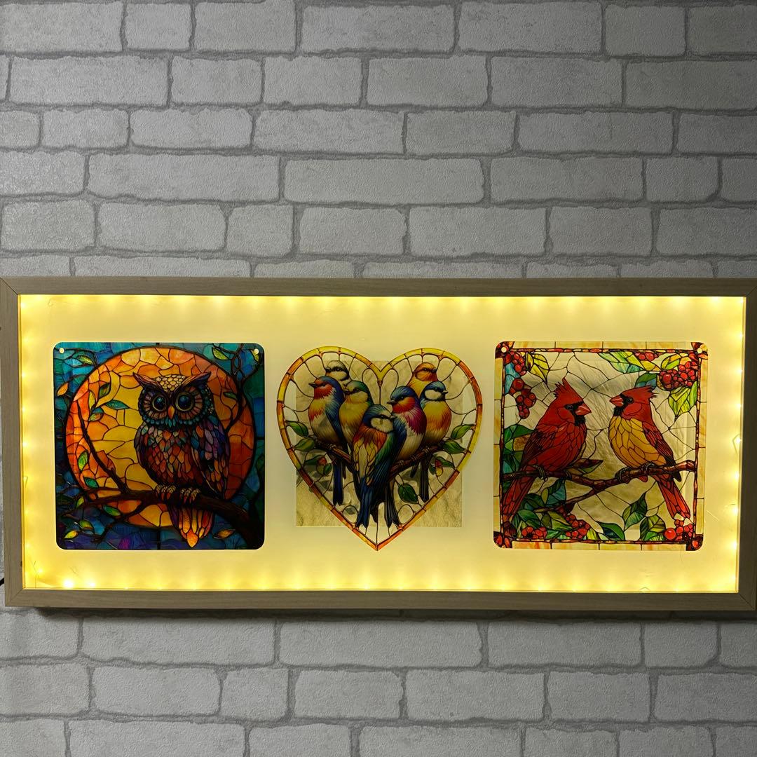 ステンドグラス風アート フクロウと鳥　電飾LED インテリア　ア-ト 額縁