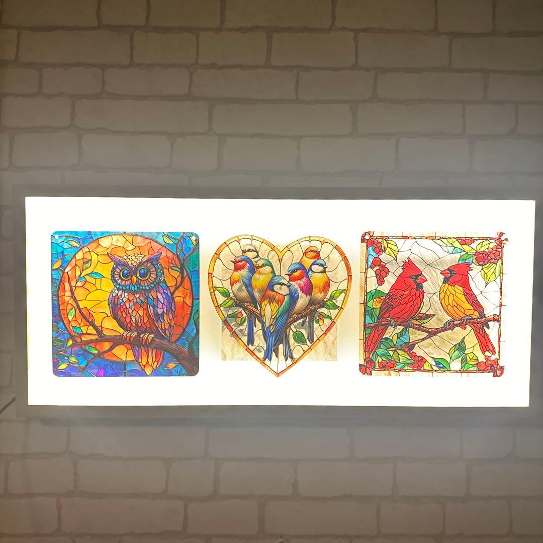 ステンドグラス風アート フクロウと鳥　電飾LED インテリア　ア-ト 額縁