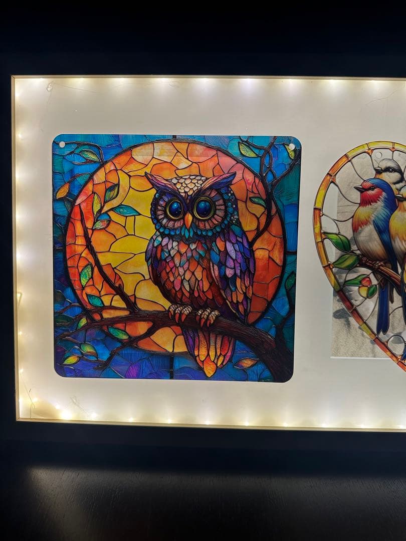ステンドグラス風アート フクロウと鳥　電飾LED インテリア　ア-ト 額縁