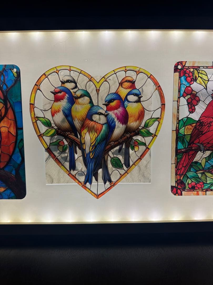 ステンドグラス風アート フクロウと鳥　電飾LED インテリア　ア-ト 額縁