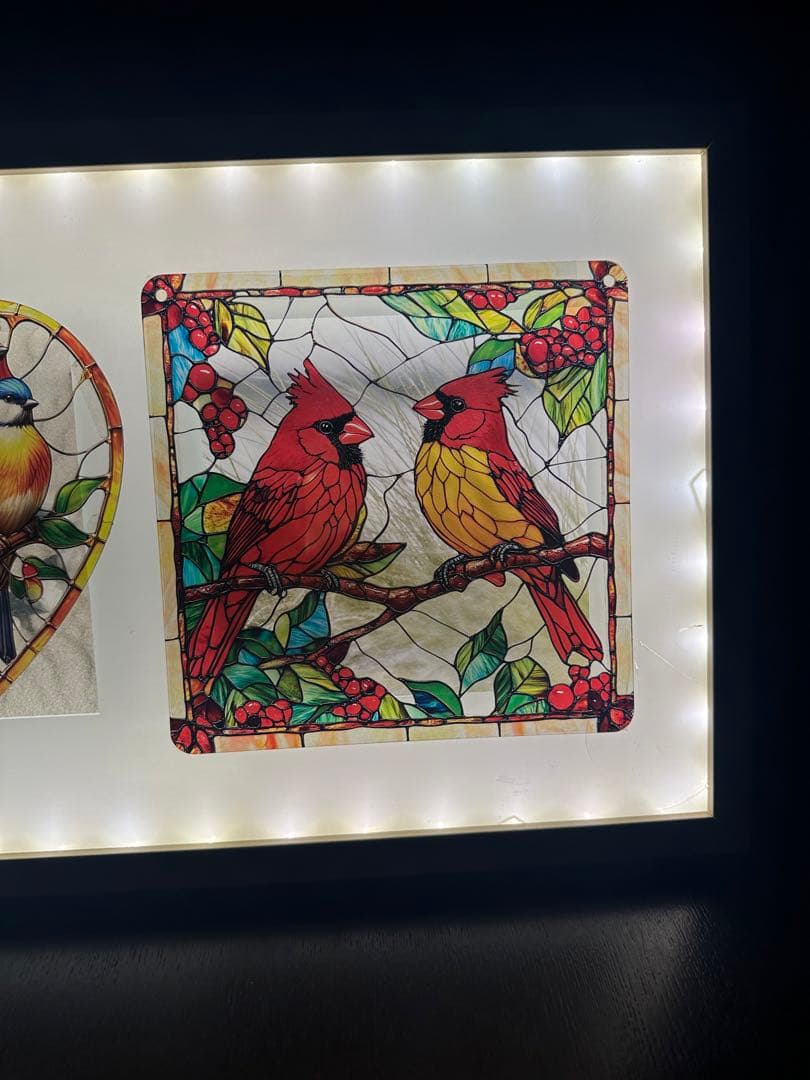 ステンドグラス風アート フクロウと鳥　電飾LED インテリア　ア-ト 額縁