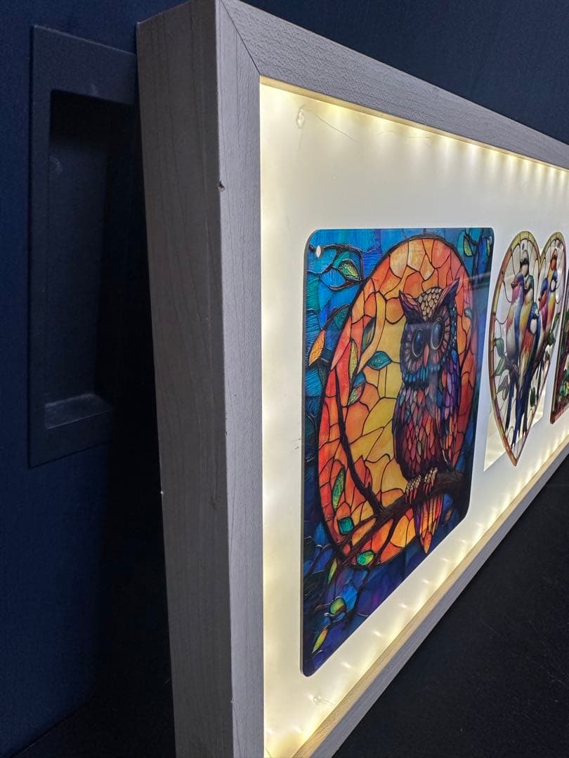 ステンドグラス風アート フクロウと鳥　電飾LED インテリア　ア-ト 額縁
