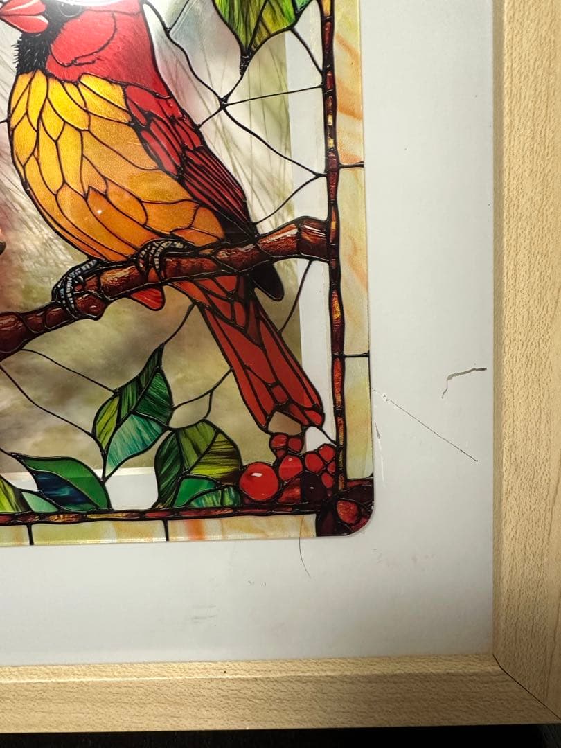 ステンドグラス風アート フクロウと鳥　電飾LED インテリア　ア-ト 額縁