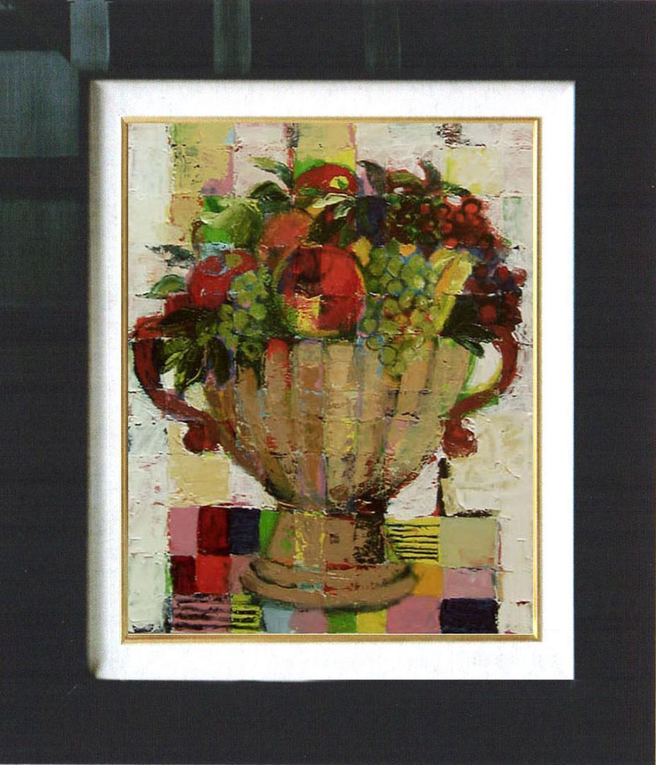 油絵 菅家令子 絵画インテリア 額付(青緑＋金色の枠 )uF6-113002果物