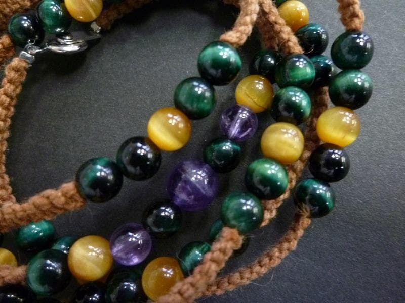 タイガーアイ　アメジスト　マクラメ５連ブレスレット