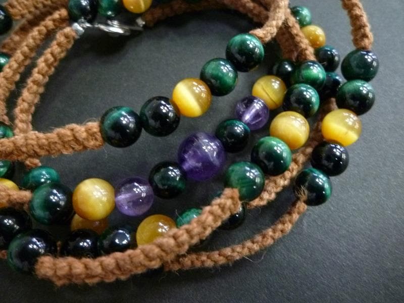 タイガーアイ　アメジスト　マクラメ５連ブレスレット