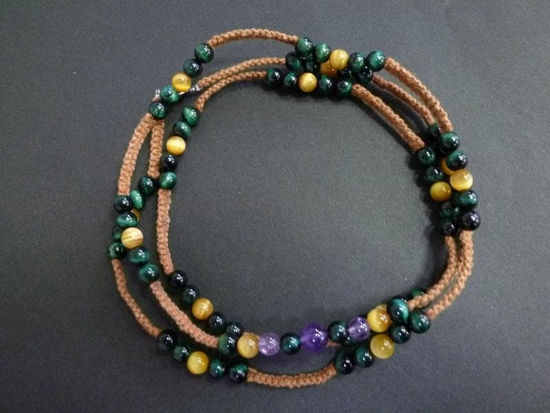 タイガーアイ　アメジスト　マクラメ５連ブレスレット