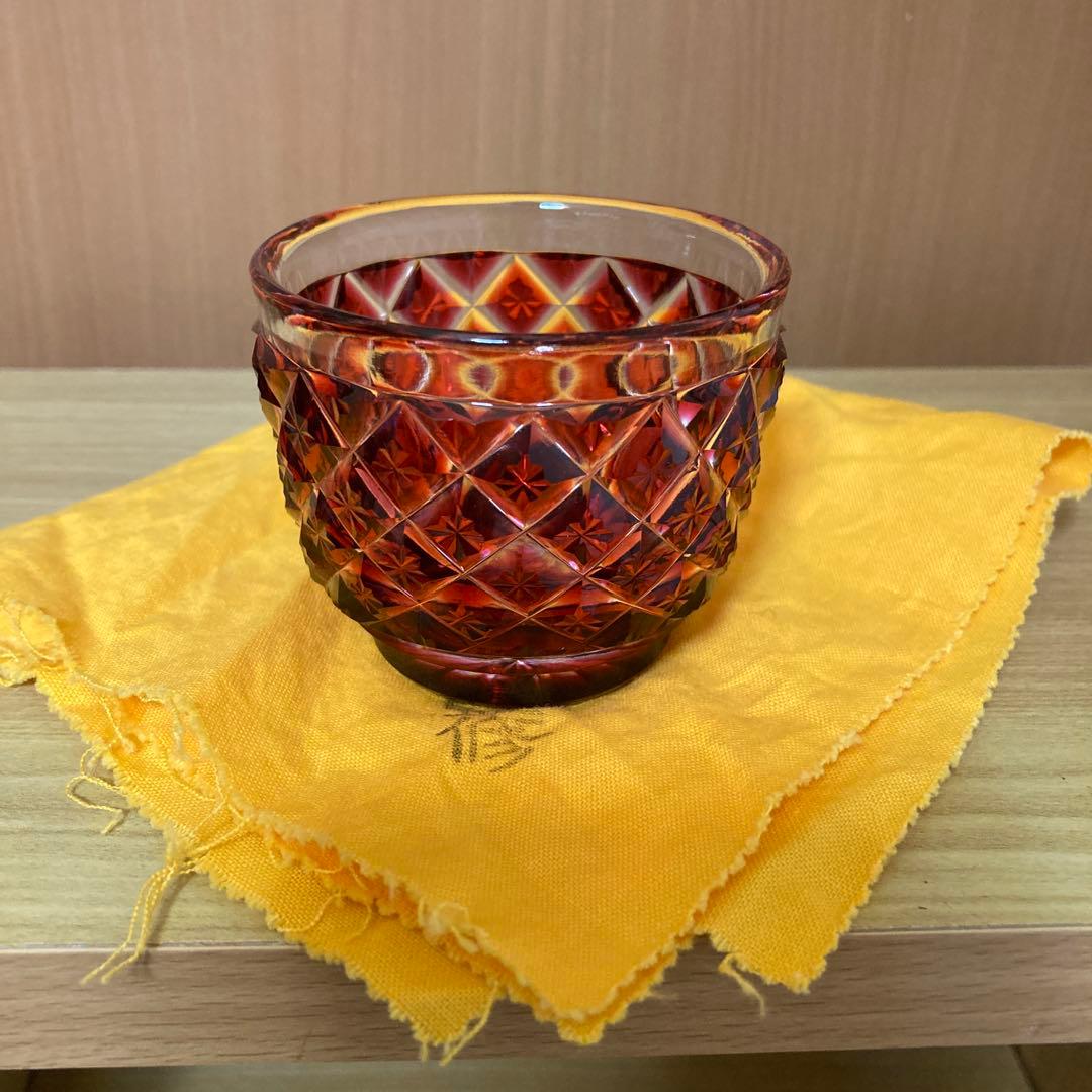 復元　島津薩摩切子　色被せガラス切子猪口　木箱付き