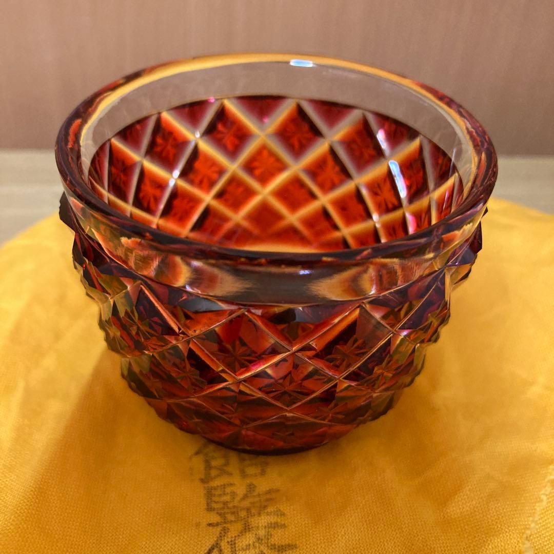 復元　島津薩摩切子　色被せガラス切子猪口　木箱付き