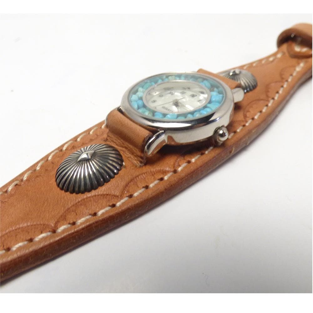 牛ヌメ革 ターコイズ 文字盤 ハンドメイド レザーウォッチ(レディース)
