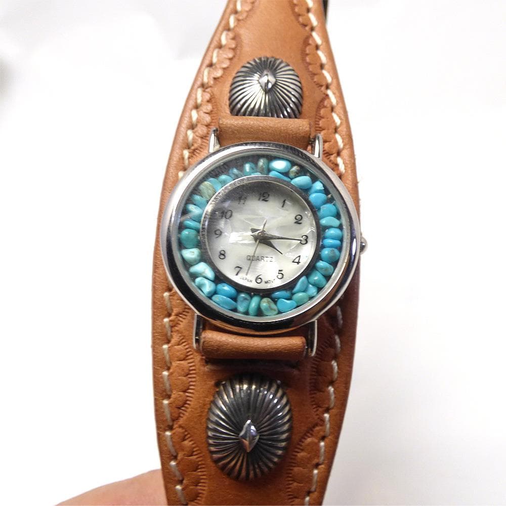 牛ヌメ革 ターコイズ 文字盤 ハンドメイド レザーウォッチ(レディース)