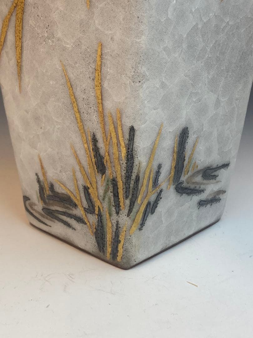 鈴木爽司 作 色絵金銀彩翡翠之図角瓶 共箱 花瓶 花生 花入