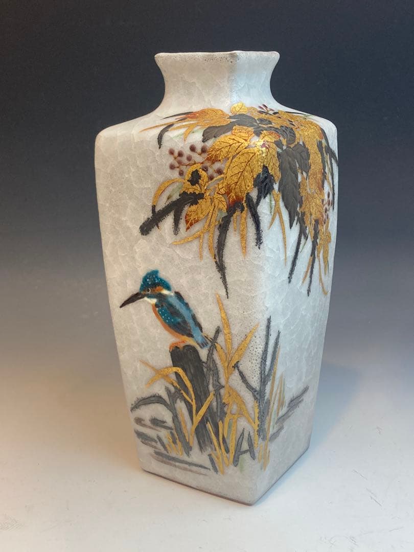 鈴木爽司 作 色絵金銀彩翡翠之図角瓶 共箱 花瓶 花生 花入