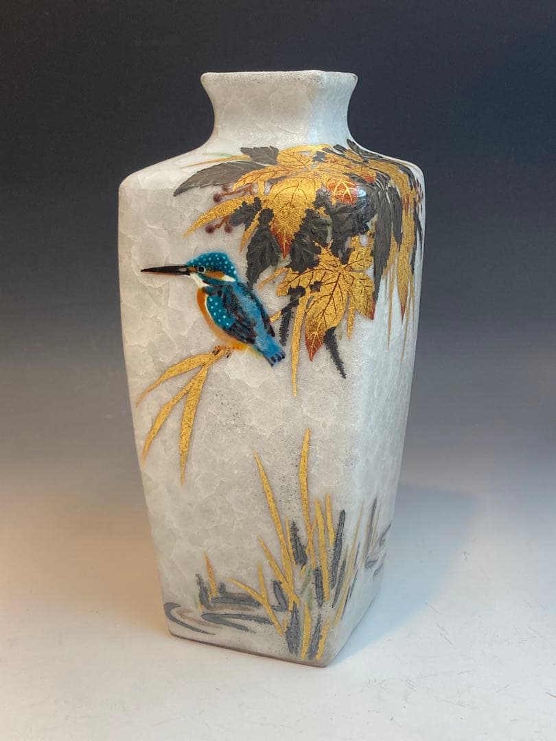 鈴木爽司 作 色絵金銀彩翡翠之図角瓶 共箱 花瓶 花生 花入