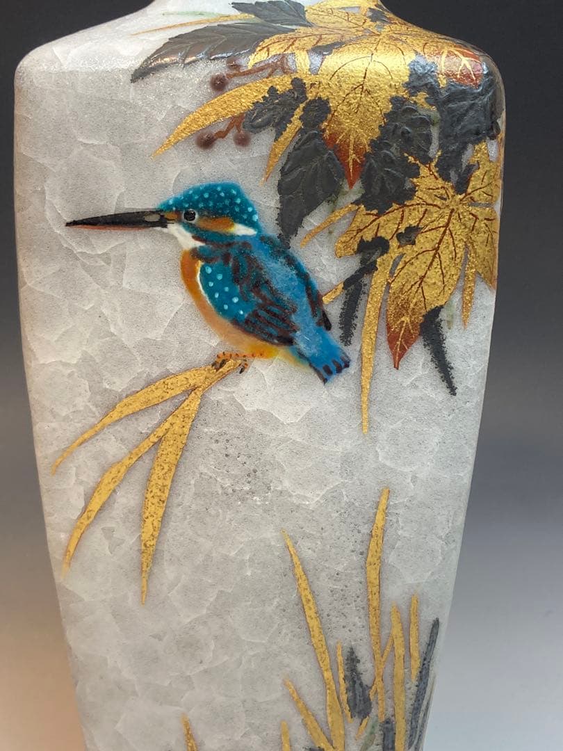 鈴木爽司 作 色絵金銀彩翡翠之図角瓶 共箱 花瓶 花生 花入