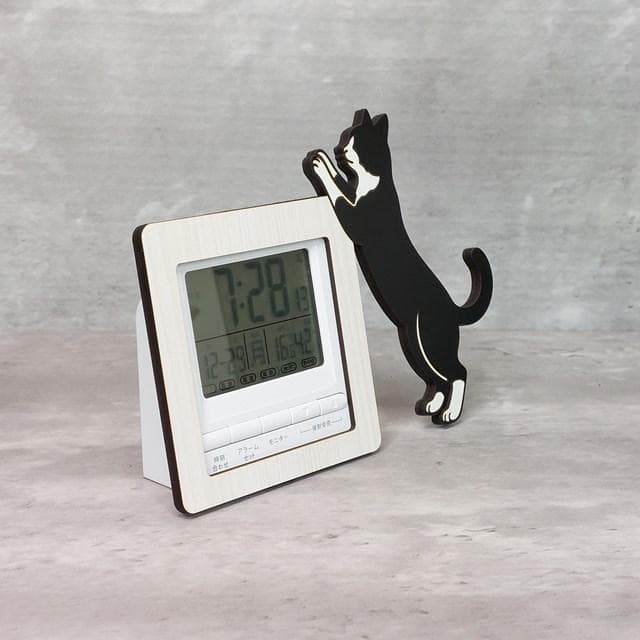 【電波時計】猫が寄り添う電波デジタル時計 ― 猫　白黒
