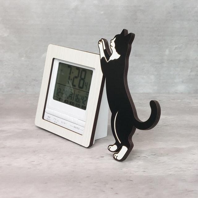 【電波時計】猫が寄り添う電波デジタル時計 ― 猫　白黒