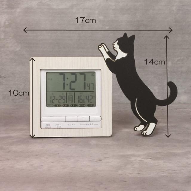 【電波時計】猫が寄り添う電波デジタル時計 ― 猫　白黒