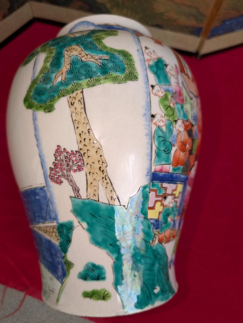 古美術　飾り壺　色絵　粉彩　唐子絵