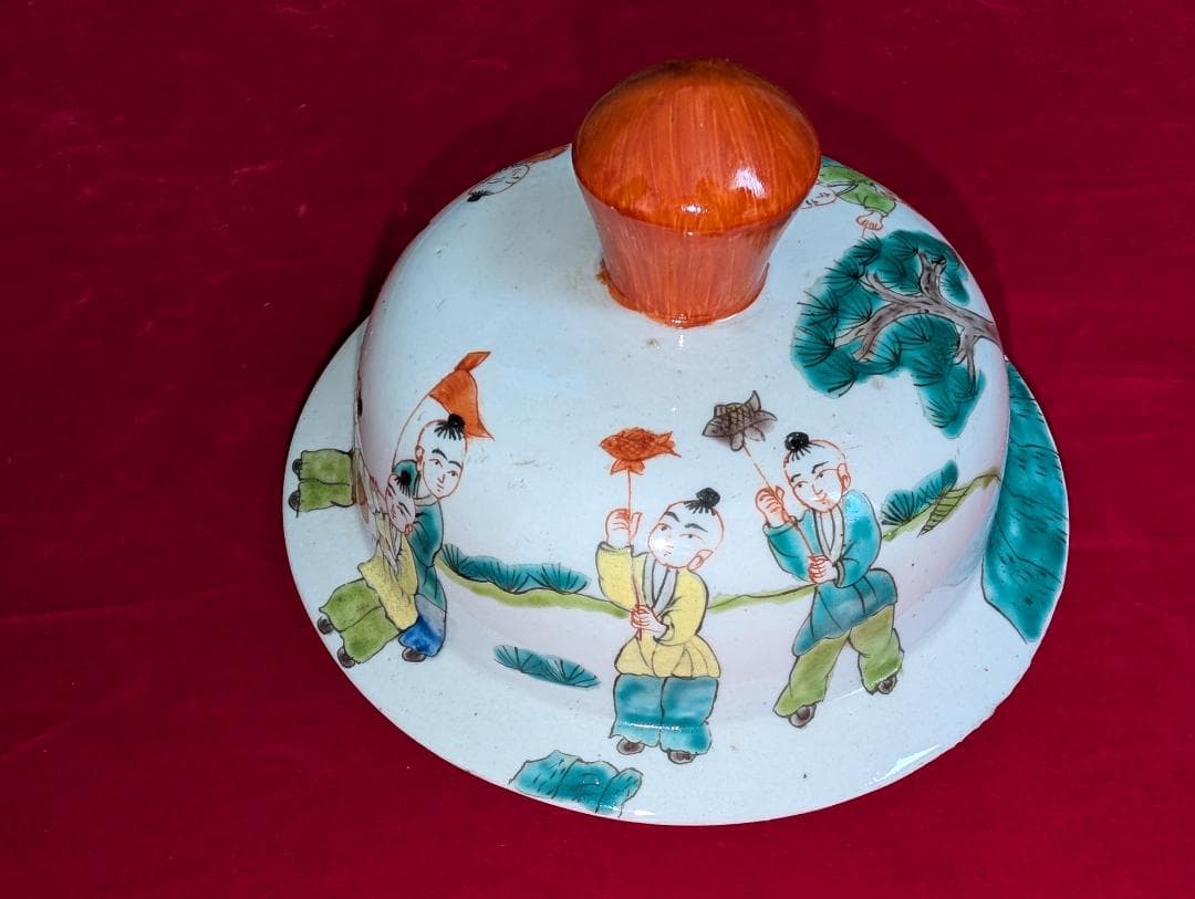 古美術　飾り壺　色絵　粉彩　唐子絵