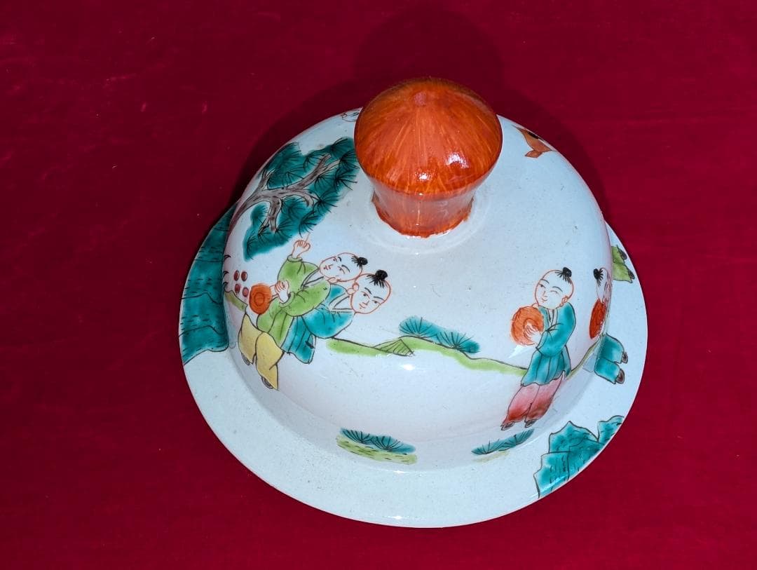 古美術　飾り壺　色絵　粉彩　唐子絵