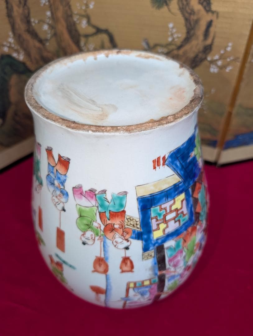 古美術　飾り壺　色絵　粉彩　唐子絵