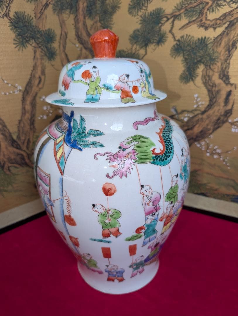 古美術　飾り壺　色絵　粉彩　唐子絵