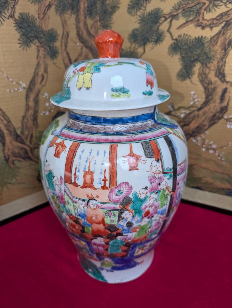 古美術　飾り壺　色絵　粉彩　唐子絵