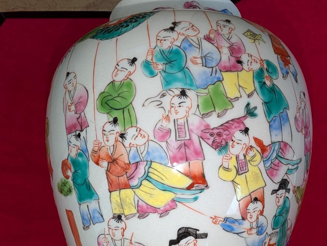 古美術　飾り壺　色絵　粉彩　唐子絵