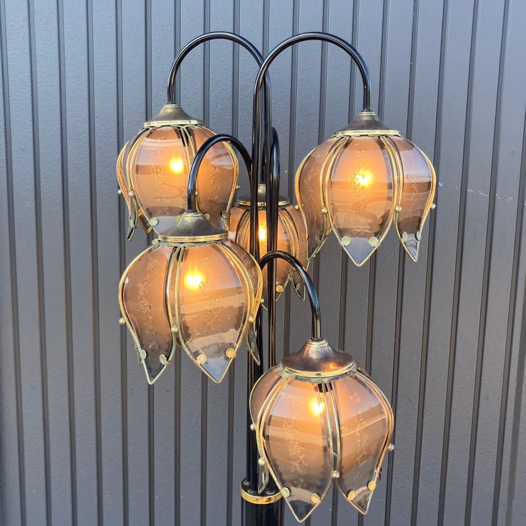 アンティーク ロータスモチーフ アイアンフレーム 5灯フロアライト スタンド