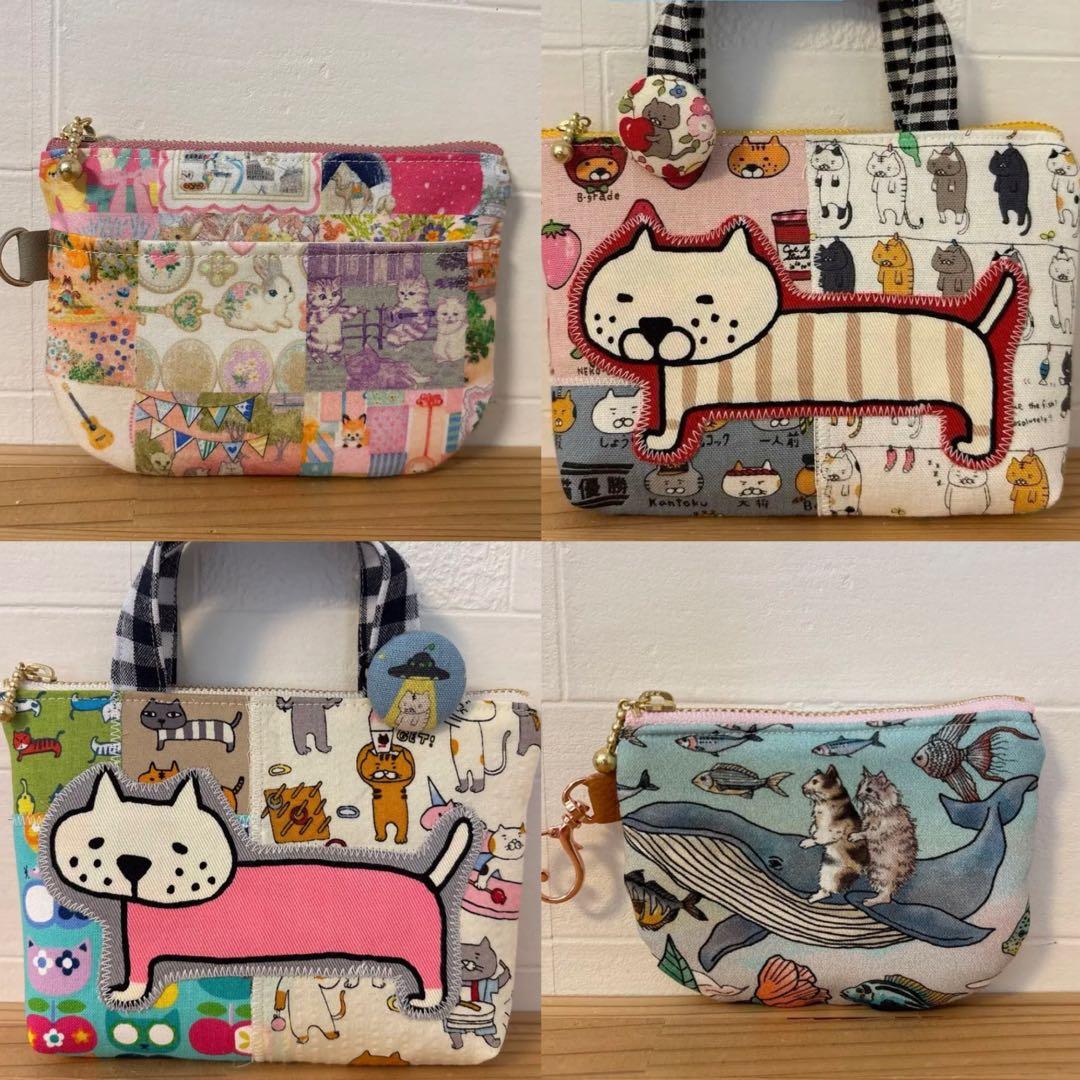 感謝価格　パッチワーク　猫柄　持ち手付き16cmファスナーポーチ ハンドメイド