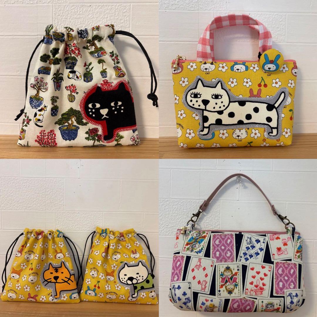 感謝価格　パッチワーク　猫柄　持ち手付き16cmファスナーポーチ ハンドメイド