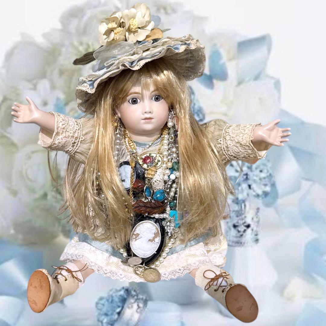 ビスクドール アーテー 作家様 ブルー ドレス ボネ ウィッグ 2 薔薇 カメオ