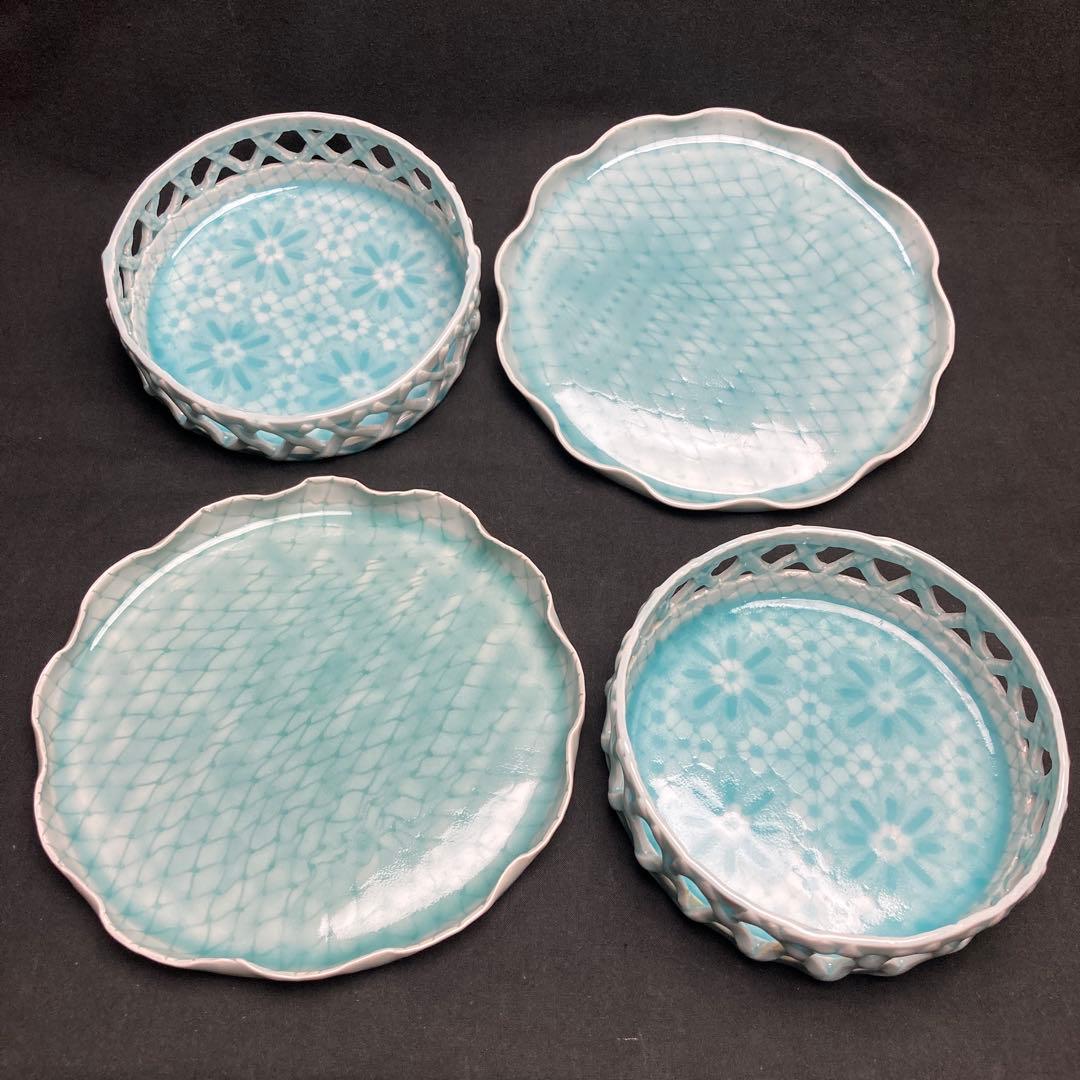 有田焼 真光窯 青磁籠目格子 菓子鉢 台付 2客セット