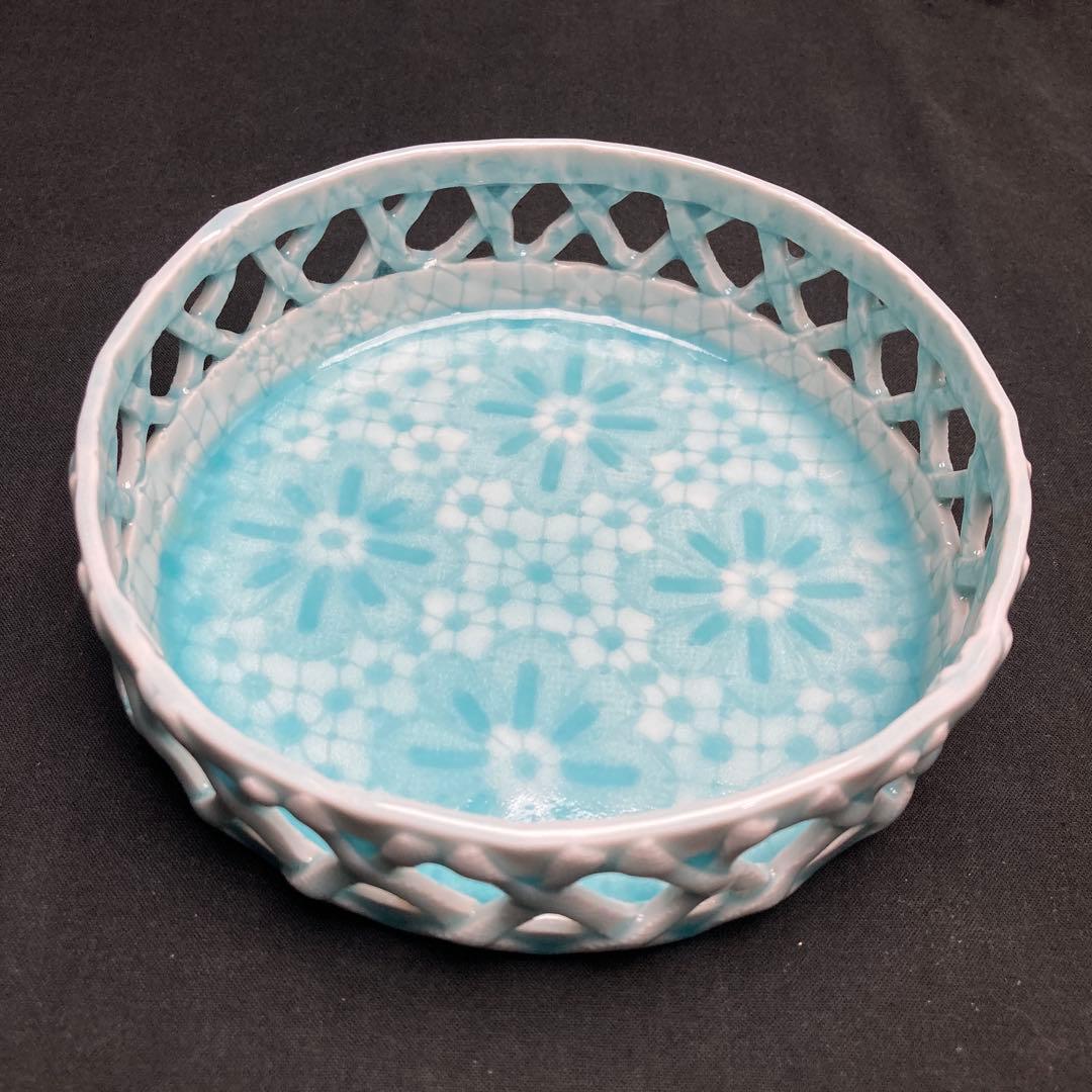 有田焼 真光窯 青磁籠目格子 菓子鉢 台付 2客セット