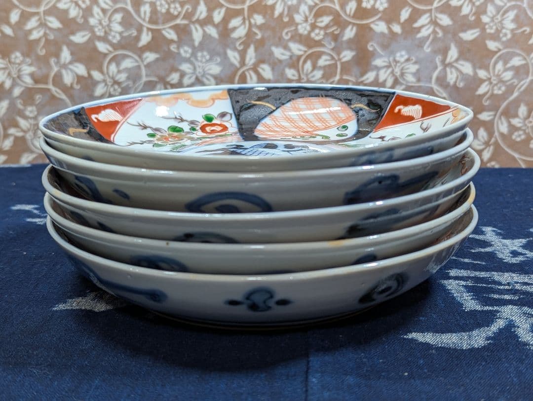 伊万里 色絵 六寸18cm 窓絵皿 5枚 柘榴文