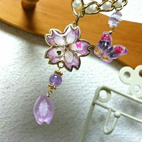 受注製作♪パープル桜のパールバッグチャーム(アメジスト入り☆)
