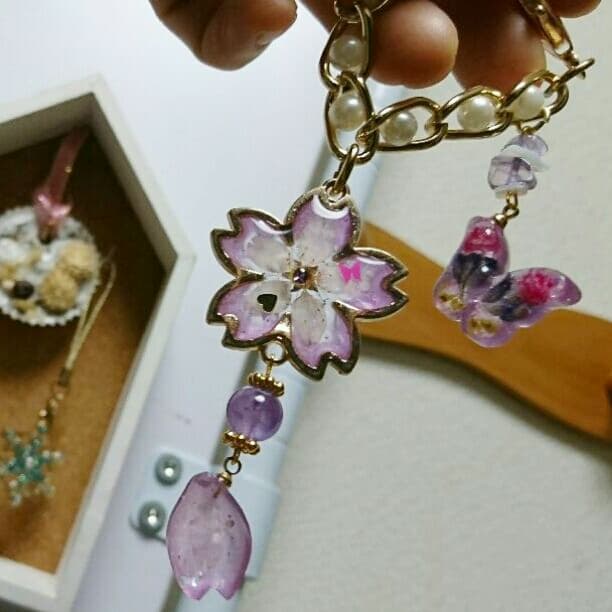受注製作♪パープル桜のパールバッグチャーム(アメジスト入り☆)