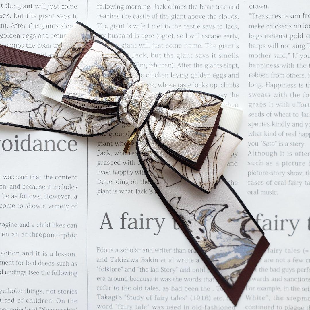 リボン　ポニーフック♡ブラックエッジアンティーク花柄♡ハンドメイド