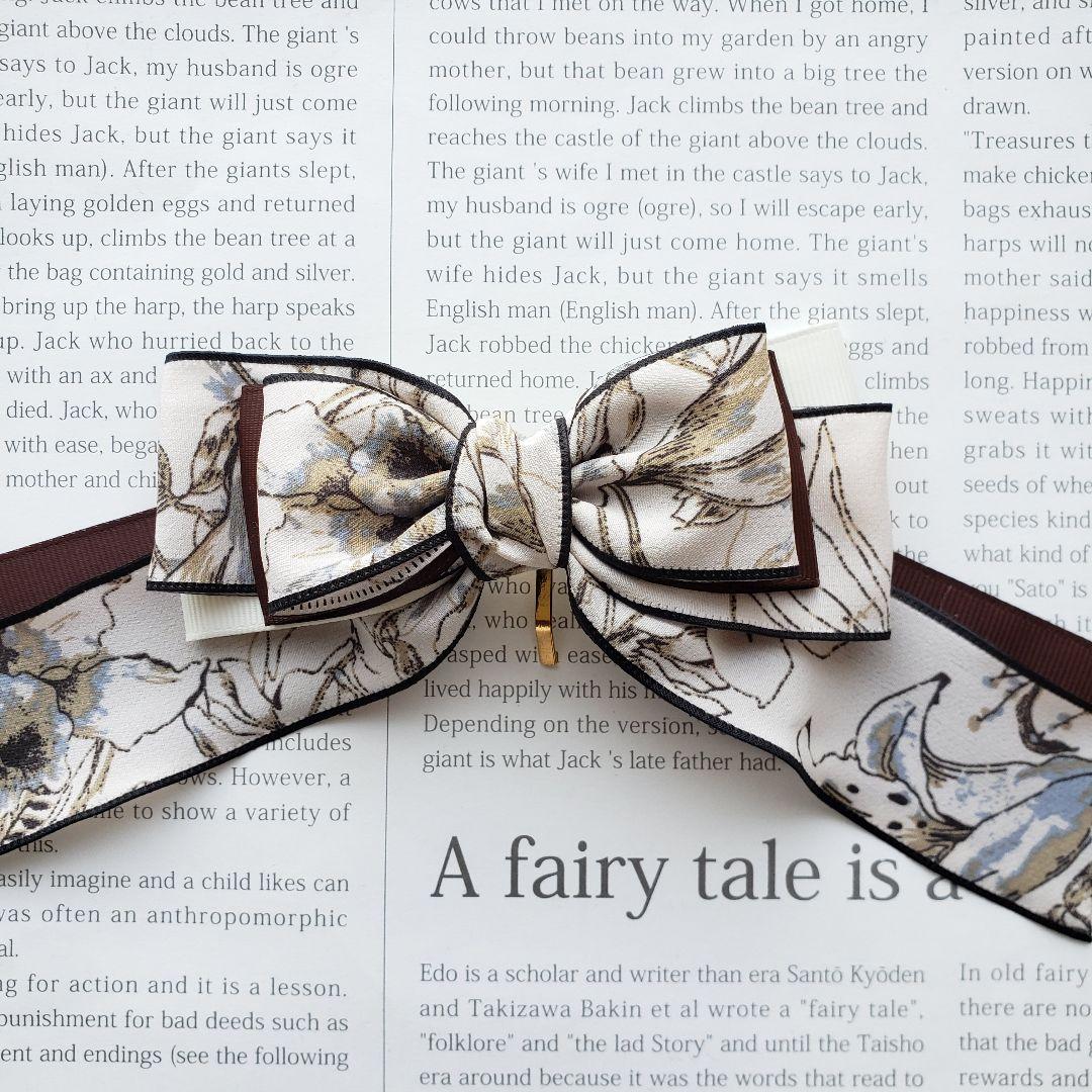 リボン　ポニーフック♡ブラックエッジアンティーク花柄♡ハンドメイド