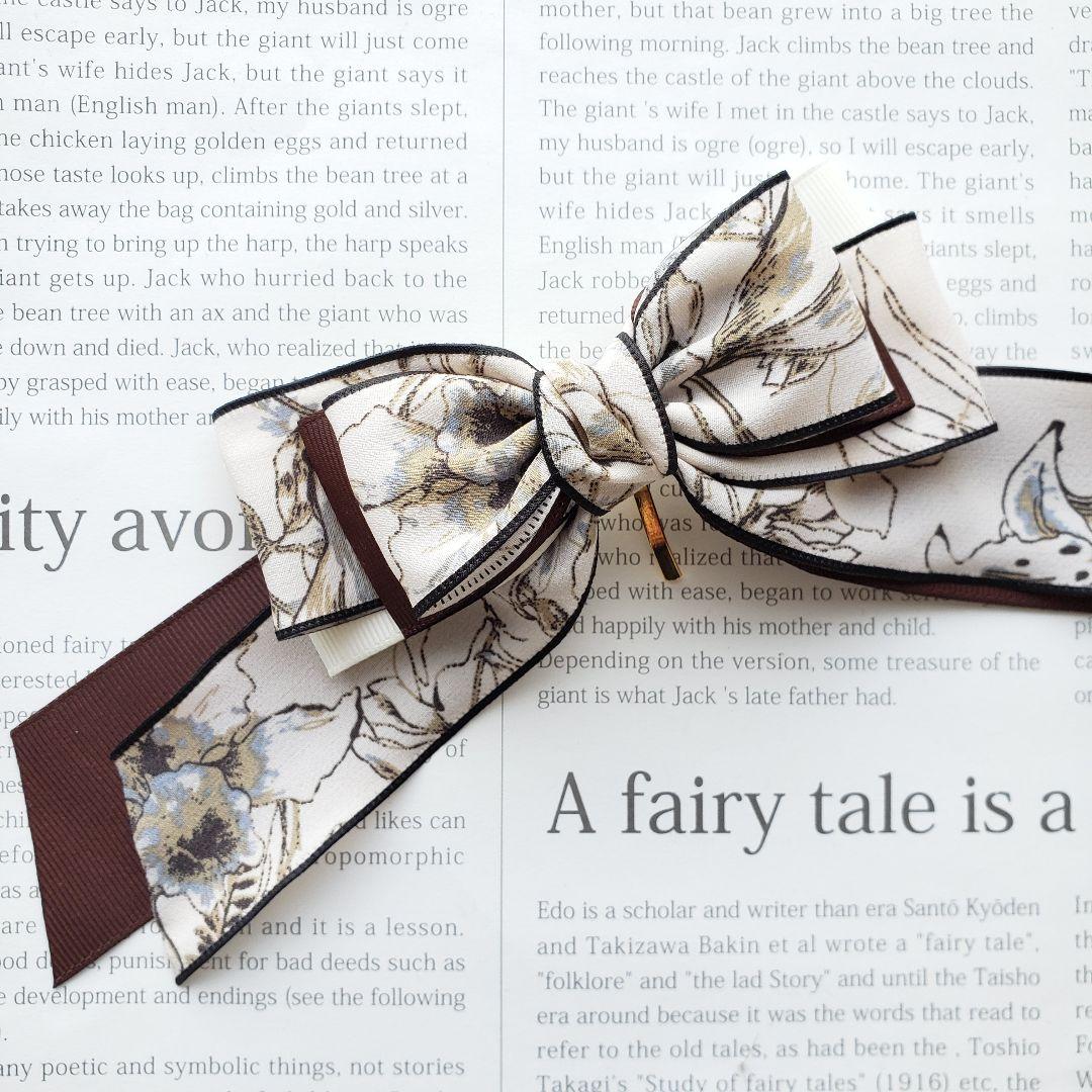 リボン　ポニーフック♡ブラックエッジアンティーク花柄♡ハンドメイド