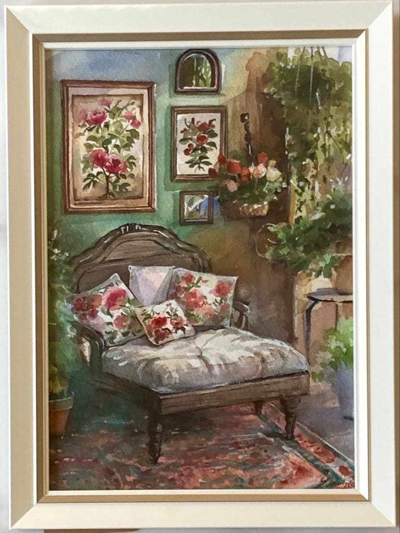 水彩画 原画 植物に囲まれた寝室