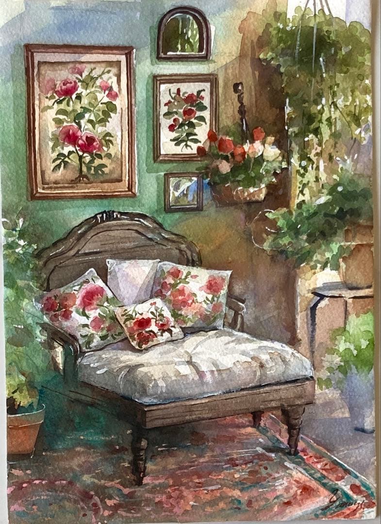 水彩画 原画 植物に囲まれた寝室