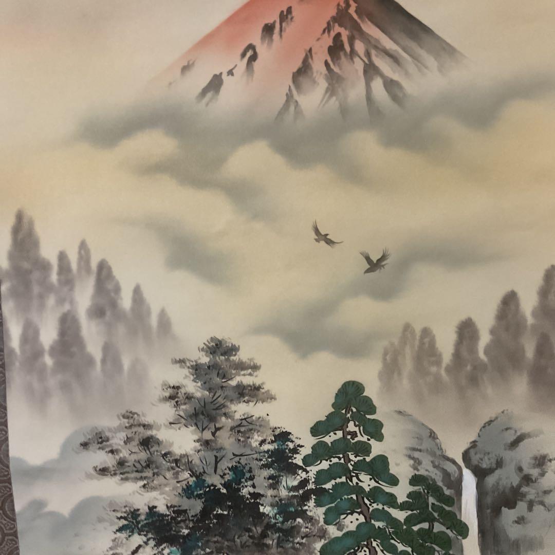 月 庵 筆 絹本彩色画 祝い軸 【七福神に富士図 】 軸先紫檀