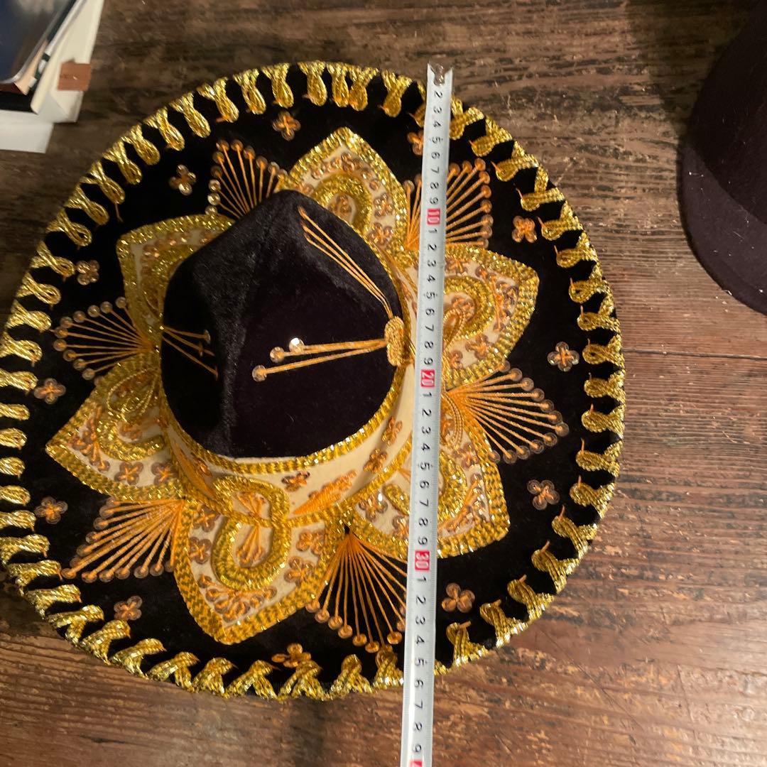 【豪華刺繍】メキシカン ソンブレロ ブラック×ゴールド 装飾ハットディスプレイ
