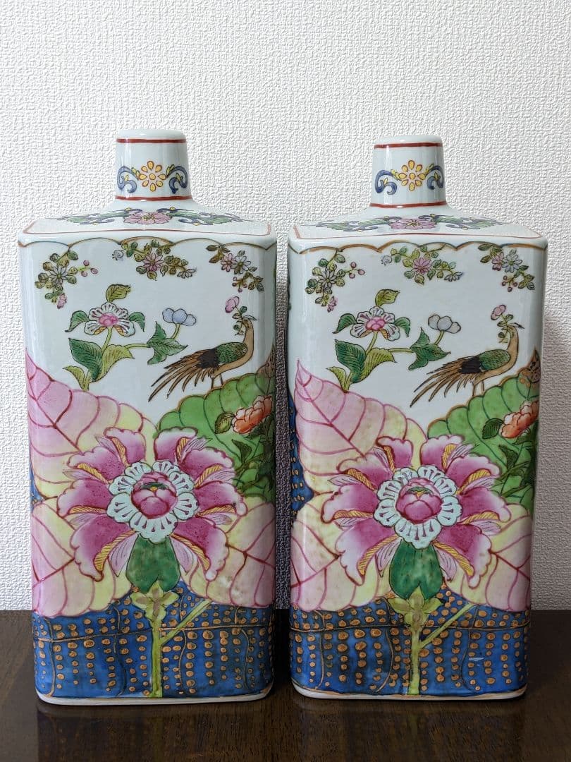 ♦中国陶磁 華栄堂製 粉彩花鳥紋様壺 瓶 花瓶 置物飾り ディスプレイ骨董品