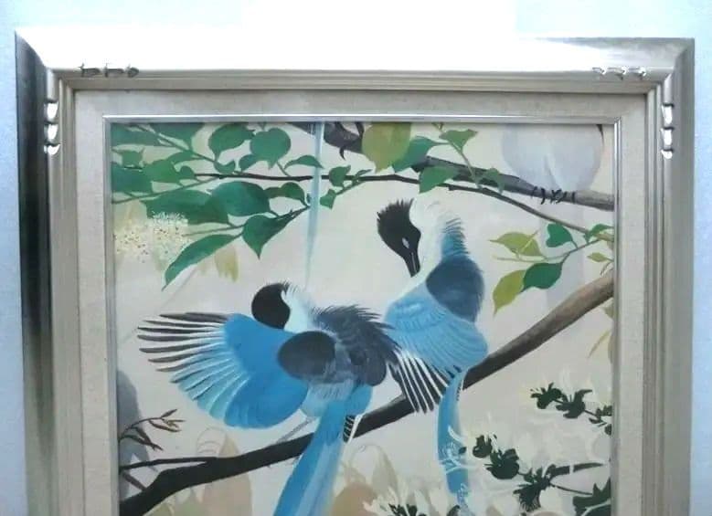 田中一村　額付「忍冬に尾長」油彩　模写