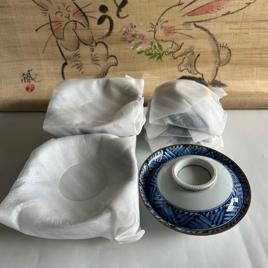 有田焼　幸祥窯　青いストライプと鶴の絵柄 蓋付き　煮物碗 飯碗 5個セット