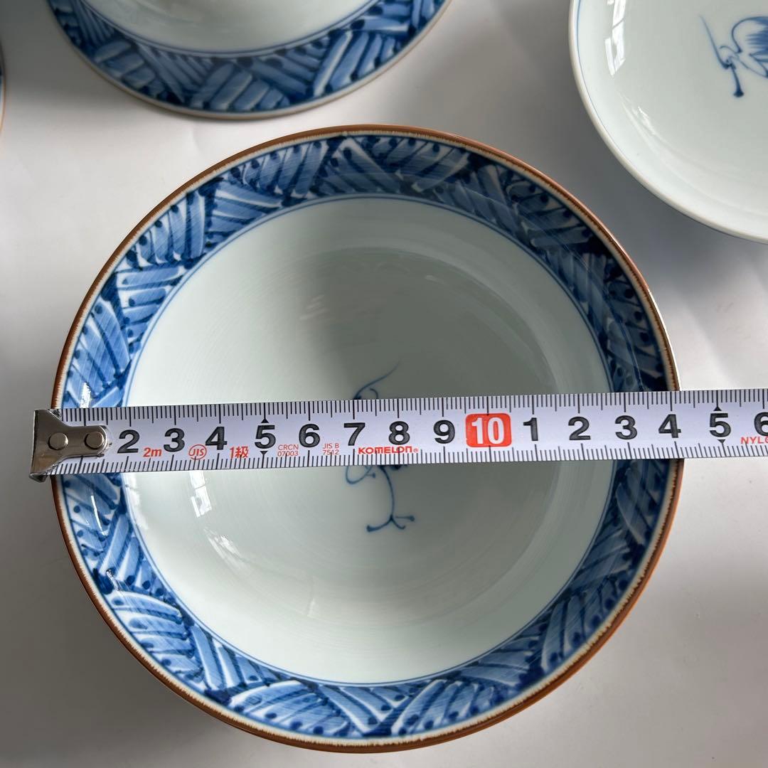 有田焼　幸祥窯　青いストライプと鶴の絵柄 蓋付き　煮物碗 飯碗 5個セット